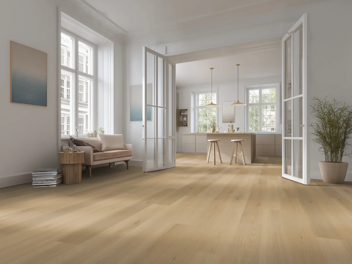 Rechte plank pvc vloer in een woonkamer met open keuken